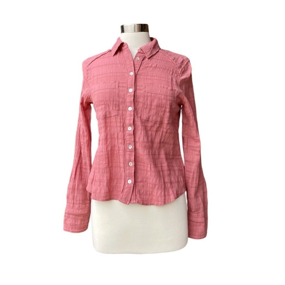 Free People Pink Textured Gauze Cotton Long Sleeve Shirt Small, Boho Peasant